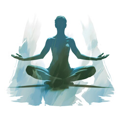 Silhouette of a woman meditating in a lotus pose, surrounded by abstract shapes.