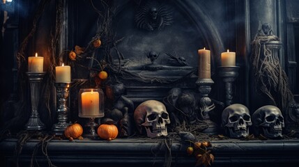 Human skull with book and glowing candles on table against dark background. Neural network ai generated art