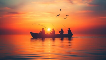 Fishermen casting lines at sunset on a tranquil lake with birds flying above