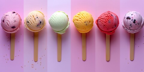 Wall Mural - Colorful ice cream scoops on wooden sticks arranged in a row. Flat lay on pink background. Image for menu, packaging, and advertising.