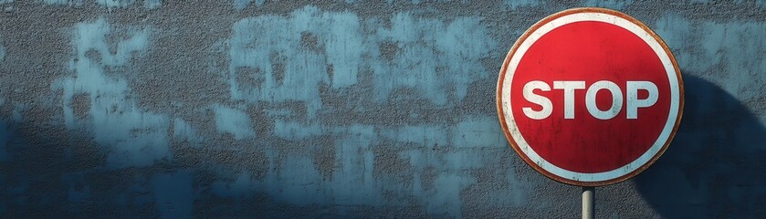 Close-Up of a Stop Sign Against a Weathered Blue Wall with Shadow