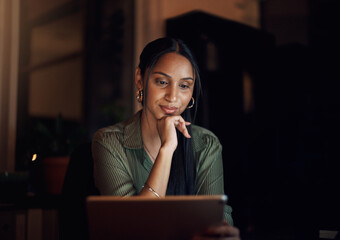 Poster - Reading, business and woman or tablet at night for blog and research in workplace. Overtime, review and online or proposal for report, feedback and news in office with email, website or media at desk