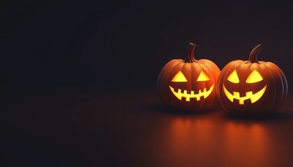 Two glowing jack-o'-lanterns with cheerful expressions in a dark setting