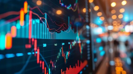 Aufkleber - A dynamic and detailed view of colorful stock market charts displayed on a screen, highlighting various trends, data points and providing insights into financial markets.