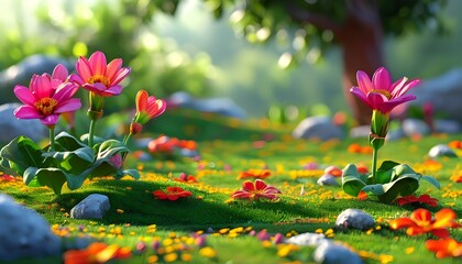 Wall Mural - The path between beautiful flowers and green grass, the sun shines on the sea of flowers, a vibrant spring scene.