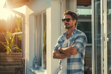 Sunny Day Outside House: Man with Crossed Arms Leaning on Wall