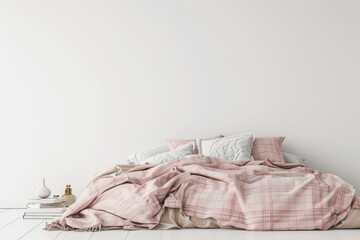 Wall Mural - Bed Interior. Home Bedroom Chamber with Unmade Bed, Pink Plaid and Cushions on White Wall - 3D Render