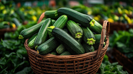 Poster - A basket filled with fresh zucchinis on display at a market with more vegetables visible in the background.