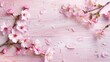 © AIGen - Light Pink Flowers. Stylish Wooden Background with Closeup of Japanese Cherry Blossoms