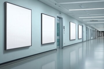 Wall Mural - A mockup of an empty white poster on the wall in modern hospital waiting room with comfortable chairs and medical equipment. empty white blank poster on white wall in hospital, white board