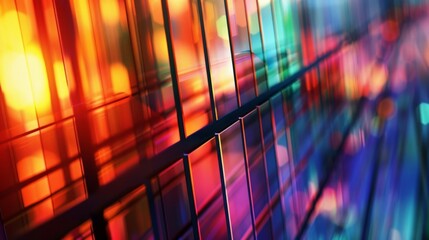 Leinwandbilder - An abstract image showcasing a colorful geometric grid with vibrant light reflections, featuring a spectrum of hues and creating a dynamic, visually engaging effect.