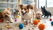 © wicha - Capture a scene of dogs playing with a variety of interactive toys in a pet-friendly indoor play area, their tails wagging with excitement.