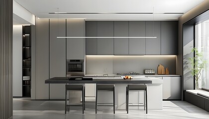 The modern minimalist kitchen with large windows and wooden cabinets showcases the beautiful design.