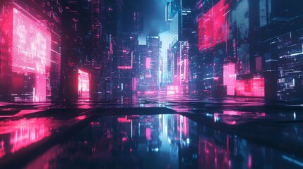 Wall Mural - Cyberpunk Cityscape with Neon Lights and Reflections