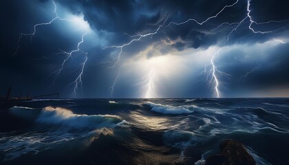 A dramatic lightning strike illuminates a dark stormy sea under ominous clouds, creating a powerful and captivating natural scene.