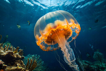 Wall Mural - Jellyfish (Cubozoa) swimming in tropical underwaters bottom view. Medusa in underwater wild animal world. Observation of wildlife ocean. Scuba diving in Ecuador coast. Copy text space