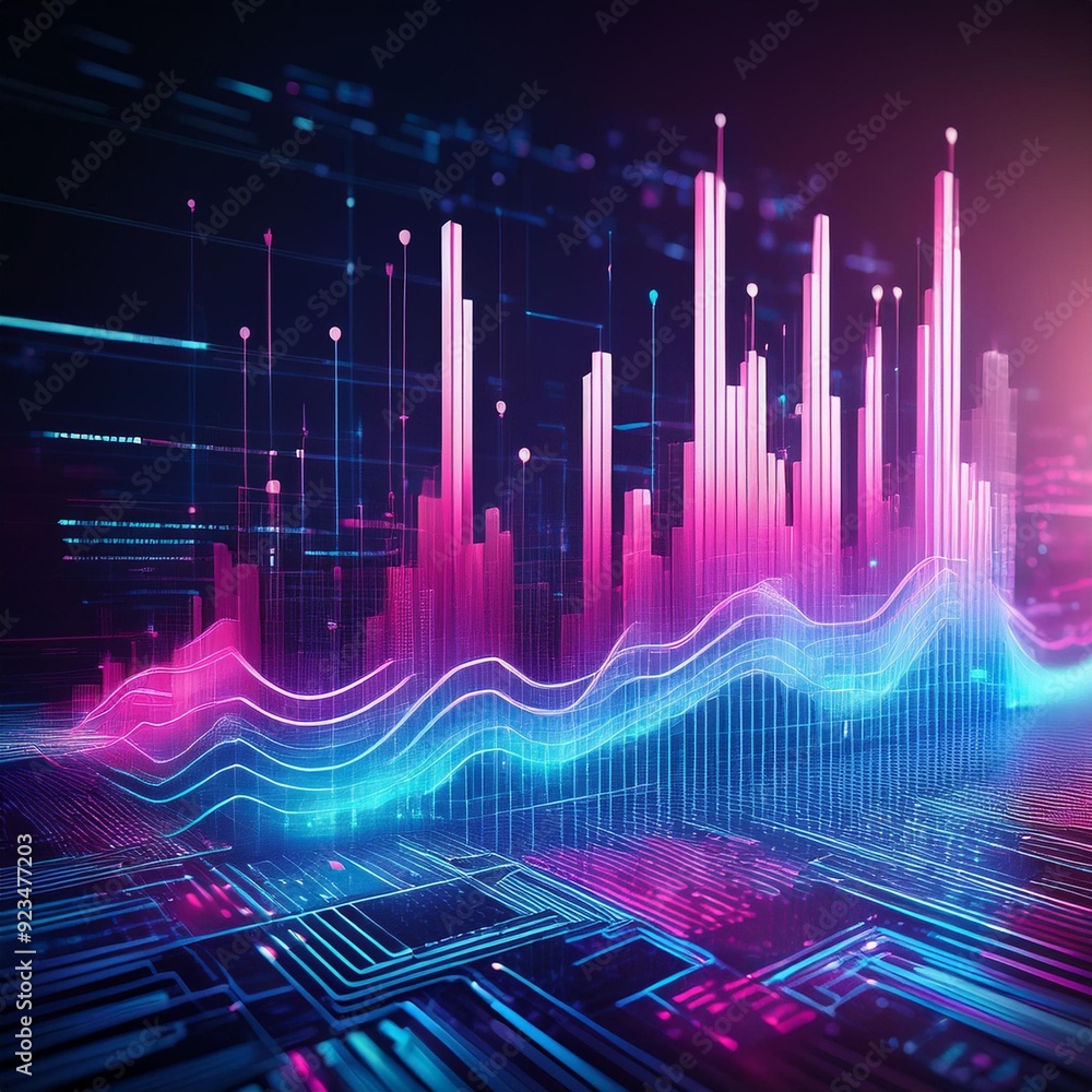 ภาพประกอบ Stock Abstract digital data visualization with rising bars on ...
