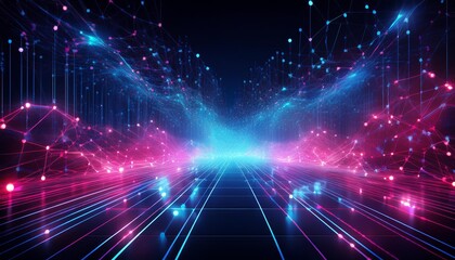 Wall Mural - abstract digital network with glowing blue and pink dots.