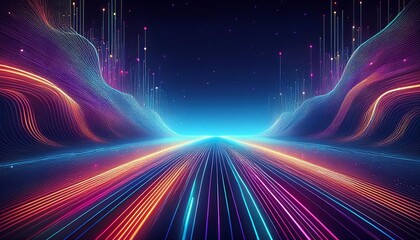 Wall Mural - abstract digital landscape with glowing lines and particles. cyberpunk aesthetic. futuristic technol