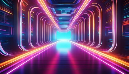 Wall Mural - abstract futuristic tunnel with vibrant neon lights.