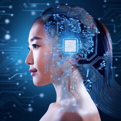Wall Mural - artificial intelligence head with circuit board.