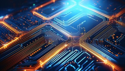 Wall Mural - close-up view of a modern circuit board with glowing lines, representing advanced technology and inn