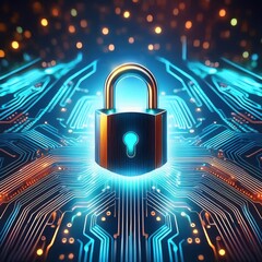 Wall Mural - cybersecurity concept with a glowing padlock on a circuit board.