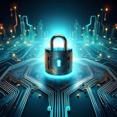 Wall Mural - cybersecurity concept with a glowing padlock on a circuit board.