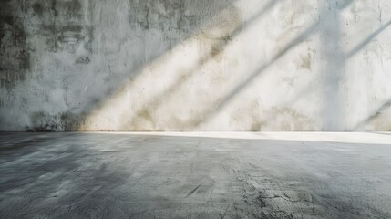 Aufkleber - This image depicts an empty industrial space featuring a concrete wall and floor, with soft shadows cast by light, creating a stark and minimalist atmosphere.