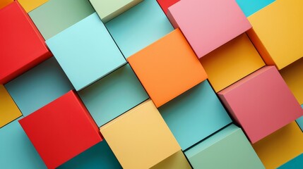 Leinwandbilder - A visually engaging collection of colorful 3D blocks displaying an overlapping pattern, showcasing shades of red, blue, green, and yellow arranged in a geometric design.
