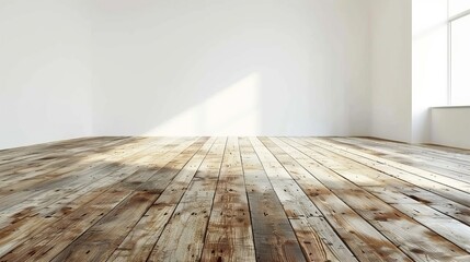 Leinwandbilder - An empty, sunlit room with expansive wooden floors, showcasing natural lighting through large windows, creating a sense of spaciousness and minimalistic modern design.