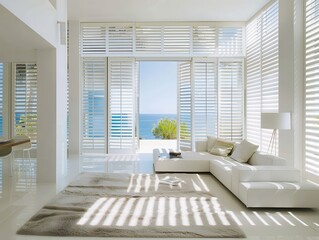 Wall Mural - Shutters. Elegant White Wood Window Treatments for Luxury Interior Design