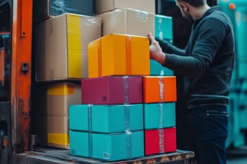 Wall Mural - A person loading colorful boxes into a vehicle, showcasing logistics and delivery.