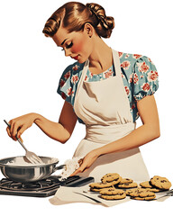 Wall Mural - Young woman wearing apron cooking on kitchen vintage illustration isolated on a white background