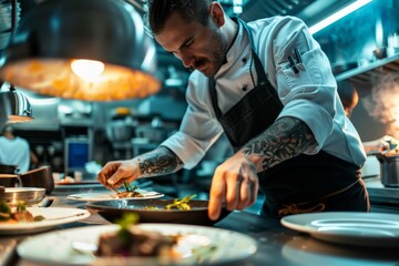 A tattooed chef in a professional kitchen is meticulously plating a dish under warm lights, combining culinary artistry with personal style, portraying dedication and passion in every detail of the p