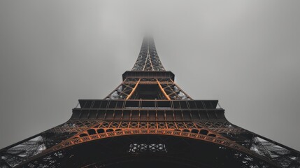 A unique perspective from the base of the Eiffel Tower extending into the clouds with its upper part obscured by fog, creating a mysterious, ethereal ambiance in Paris.