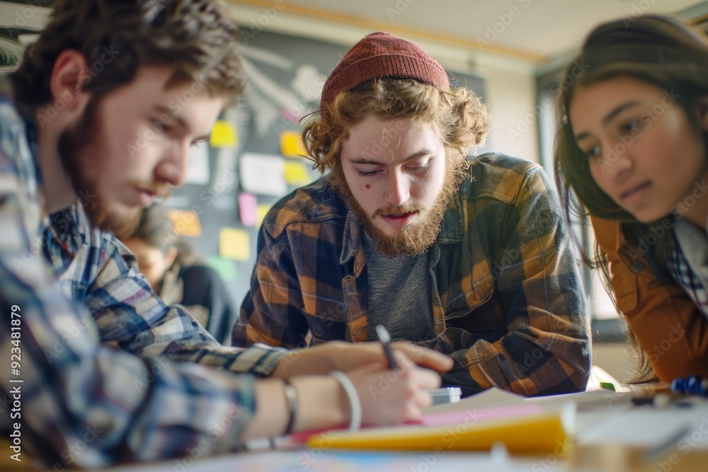 A group of young students is working collaboratively on a project in a ...
