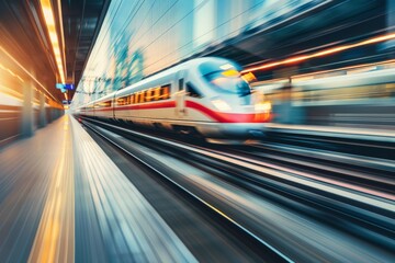 Aufkleber - A high-speed train moves swiftly through a modern train station, with blurred motion capturing the speed and efficiency of contemporary rail travel.