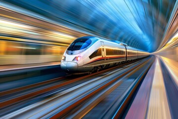 Aufkleber - A high-speed train rushes through a brightly lit tunnel, highlighting the advanced engineering and rapid movement typical of modern rail travel, creating a dynamic scene.