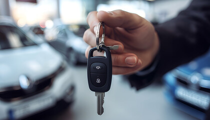 Wall Mural - car key in a man’s hand on car dealership background