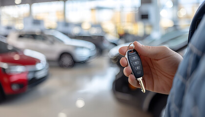 Wall Mural - car key in a man’s hand on car dealership background