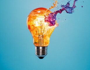 Creative concept light bulb explodes with colorful water colors on a light blue background. Think different, creative idea. Productivity and creativity. Ai generated image.