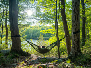 A person is relaxing in a hammock in a forest. The hammock is suspended between two trees and the person is laying down. The scene is peaceful and serene, with the sound of the water in the background