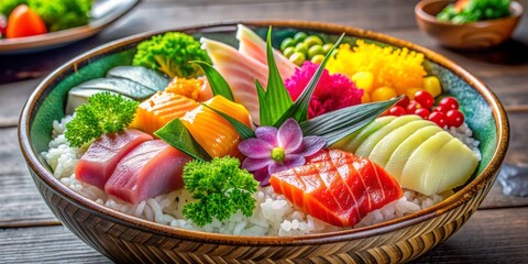 Wall Mural - Vibrant Japanese-inspired dish featuring a bed of short-grain rice topped with an assortment of fresh, colorful, and artistically arranged raw fish and vegetables.