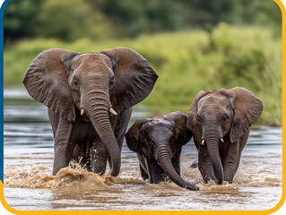 Poster - Three elephants are walking through a river. The mother elephant is leading the way, with her two young ones following closely behind her. The scene is peaceful and serene