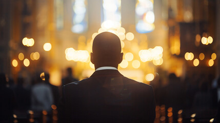 Man standing with his back turned in a church during a religious ceremony