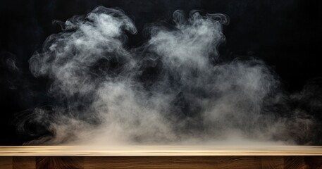 empty wooden table with smoke floats up. Empty space for displaying your products, with a smoke float up on a dark background. Generative ai