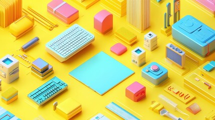 Wall Mural - Futuristic Tech-Driven Creativity in Isometric View on Yellow Background - 3D Rendering with Clean Design and Vibrant Hues Draws Attention to Center Space