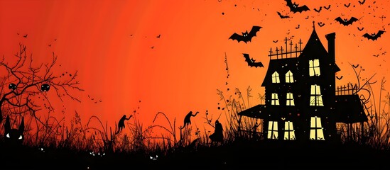 A vector illustration of a haunted house with spooky silhouettes of bats, ghosts, and pumpkins. The background is a gradient of orange and red, banner with free empty copyspace for text