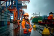 © Alfonso Soler - Female worker with hard hat at a shipping port.